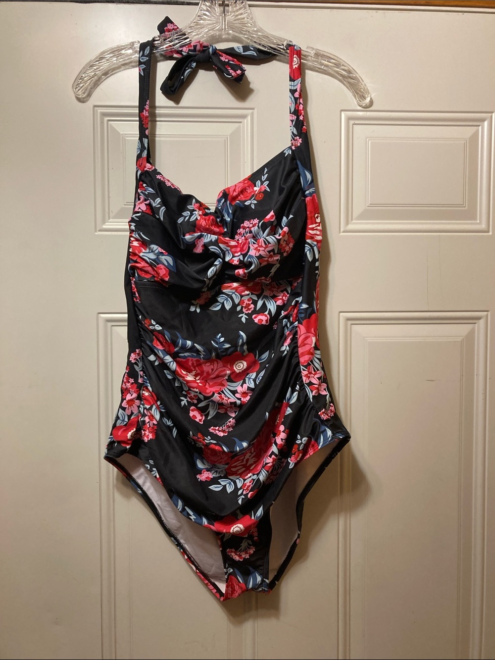 Black Floral One-Piece Swimsuit with Red & Pink Flowers XXL